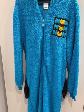 Sesame Street Bright Blue Fleece One-Piece with 'Nom Nom' Patch